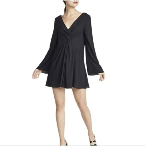 Cinq a Sept Black Cecil Knotted Crepe Flare Long Sleeve Mini Dress Size 2 - Picture 4 of 16